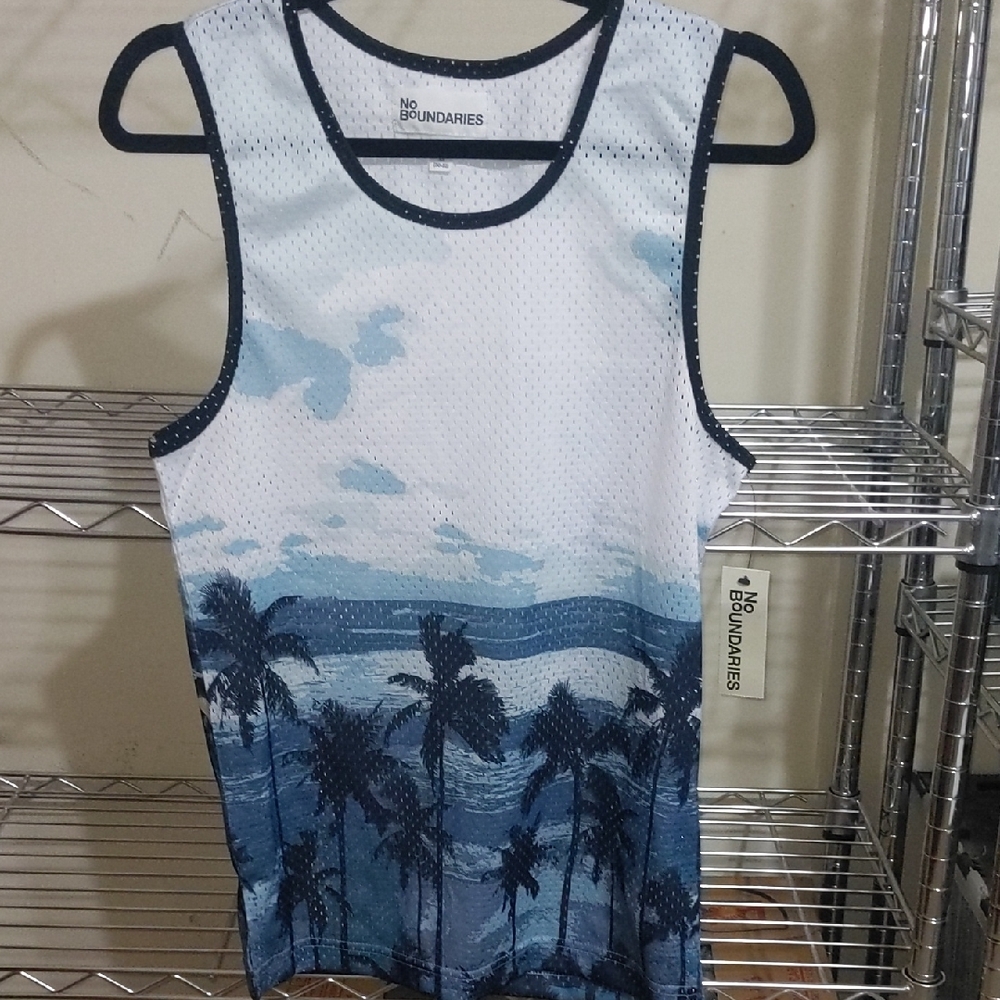 No Boundaries Blue and White Palm Tree Tank Top